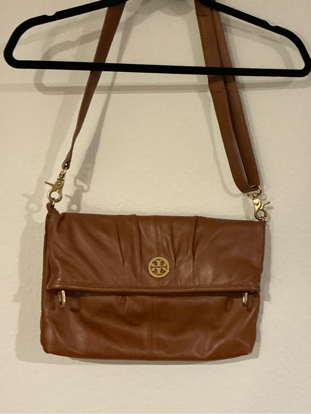 Tory Burch Cognac Leather Fold Over Crossbody Clutch Convertible Bag